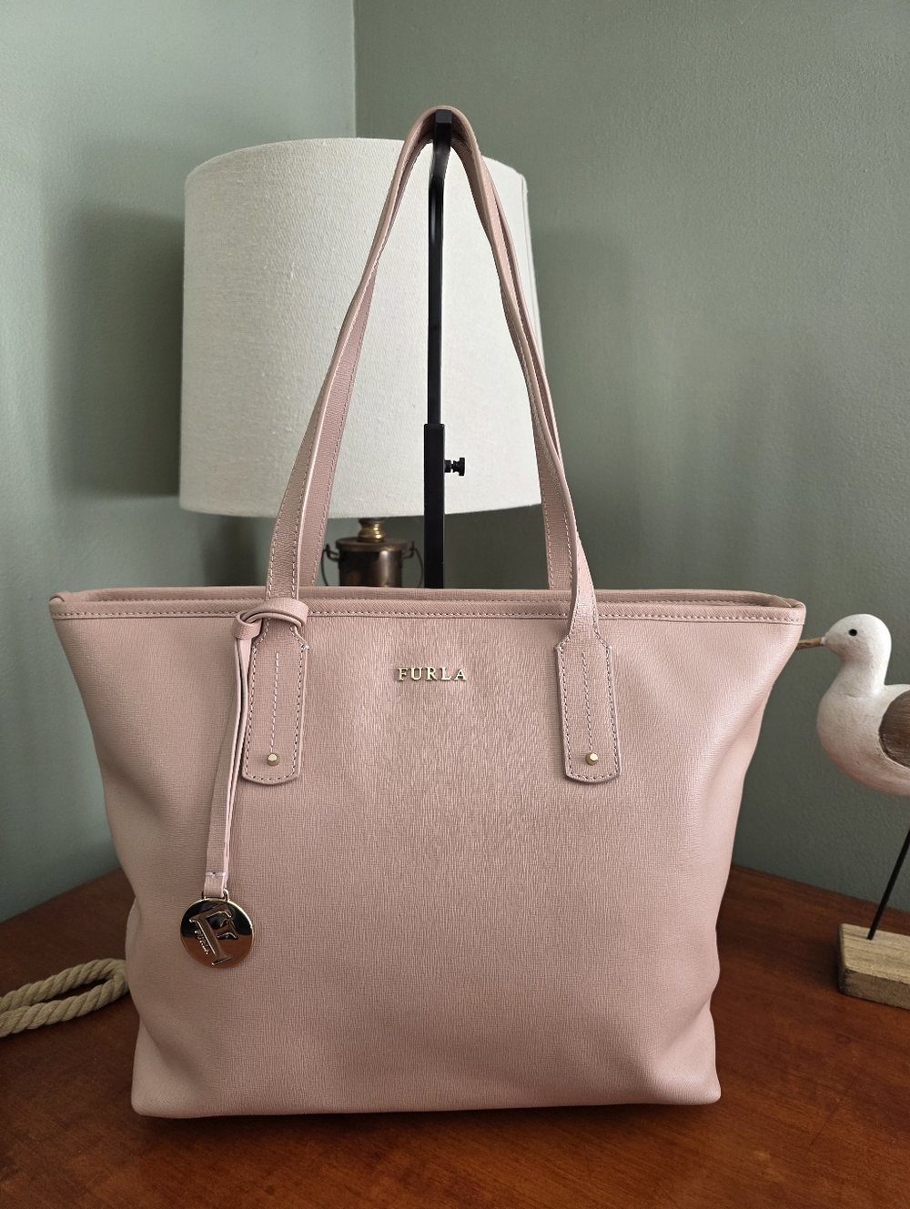 Furla Blush Pink Saffiano Leather Zip Top Work Tote Bag